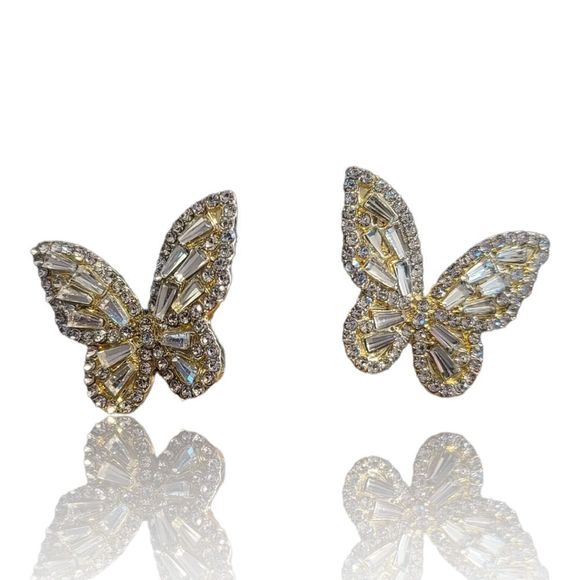 Gold-Tone Round and Baguette White Crystal Butterfly Pierced Earrings - Picture 1 of 6